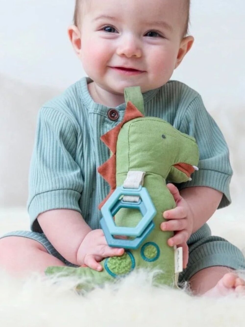 ITZY RITZY Bitzy Bespoke Dino Link & Love Sensory Toy Teether Stroller Hanger